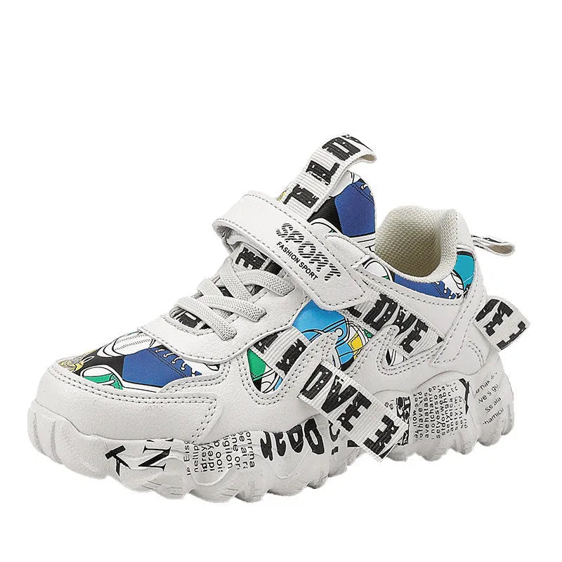 Children's spring sneakers with Velcro straps and rubber soles in beige blue, white red, and bright red colours