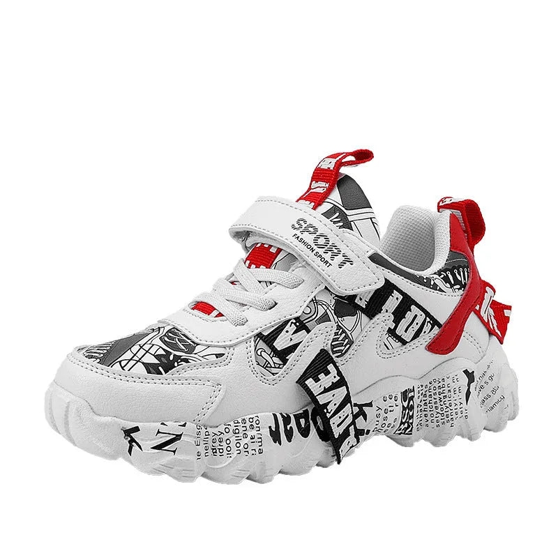 Kids spring sneakers with Velcro straps in beige blue, white red, and bright red colours on rubber soles