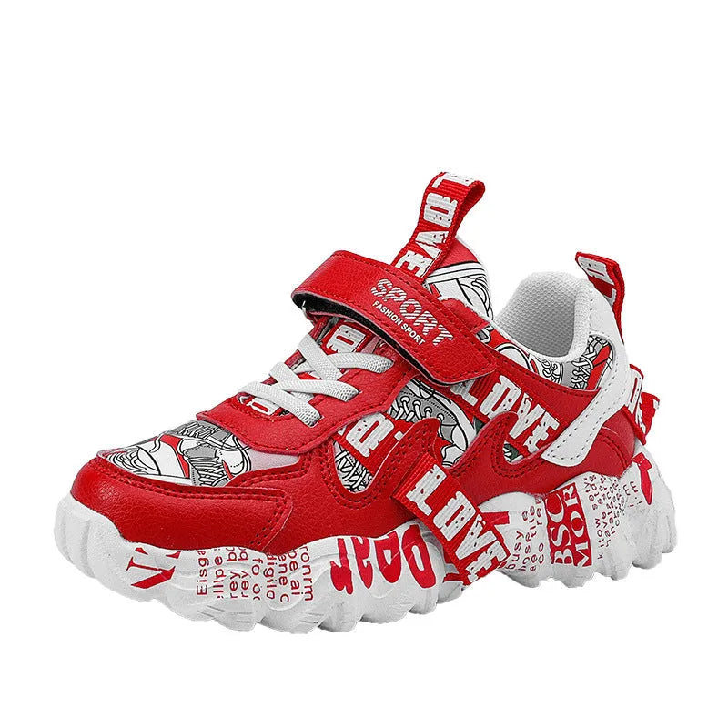 Children's spring sneakers with Velcro closure in beige blue, white red, and bright red colours showing rubber soles