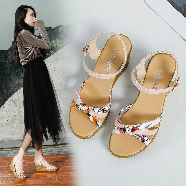 Women's pink wedge sandals with 5cm platform, fish mouth design, and adjustable buckle closure on non-slip PU sole