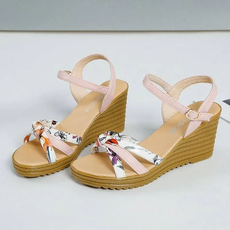 Women's pink wedge sandals with 5cm platform, fish mouth design, and adjustable buckle closure on non-slip PU sole
