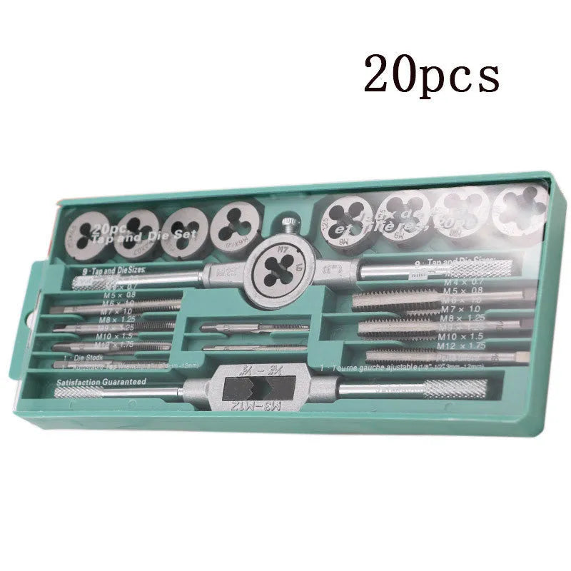 20-piece metric tap and die set with alloy steel tools in silver and titanium-plated finishes