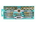 20-piece metric tap and die set with alloy steel tools in silver and titanium-plated finishes