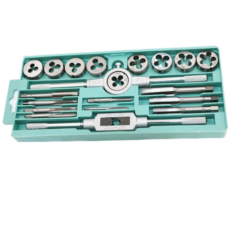 20-piece metric tap and die set with alloy steel tools in silver and titanium-plated finishes