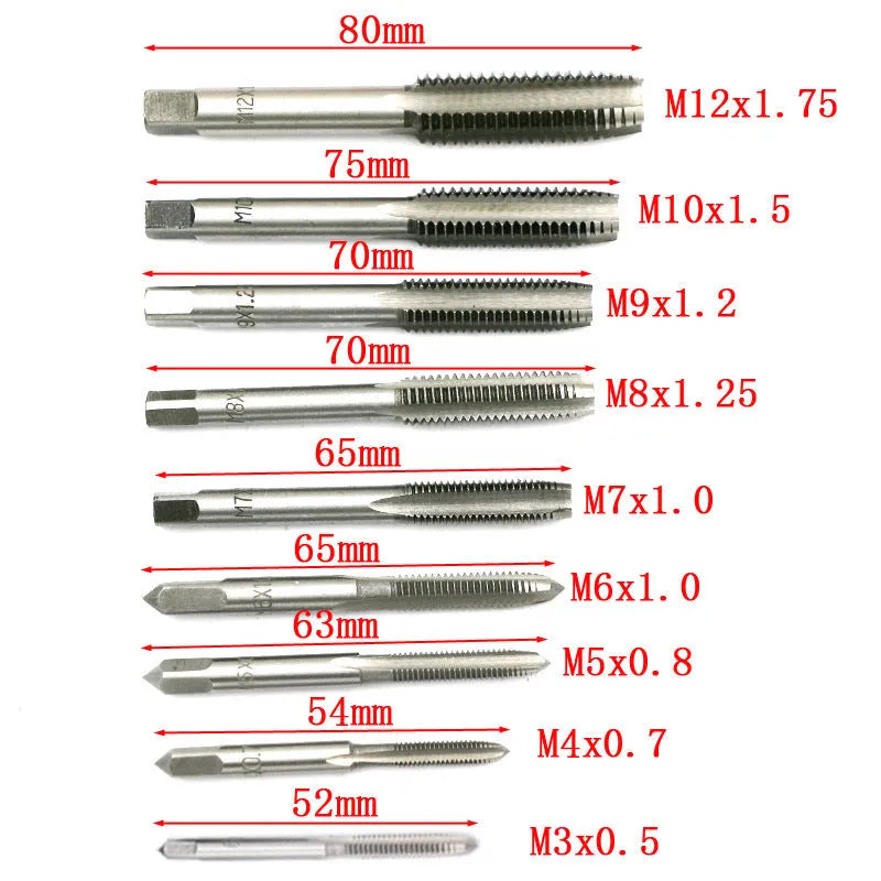 20-piece metric tap and die set with alloy steel tools in silver and titanium-plated finishes