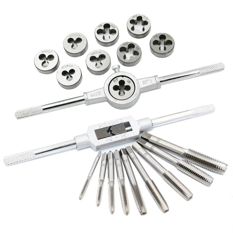 20-piece metric tap and die set with alloy steel tools in silver and titanium-plated finishes