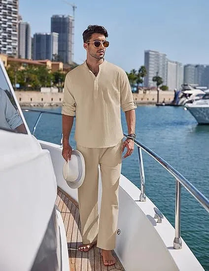 Men's casual cotton suit set with long sleeves and trousers in solid colour options