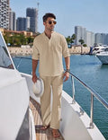 Men's casual cotton suit set with long sleeves and trousers in solid colour options