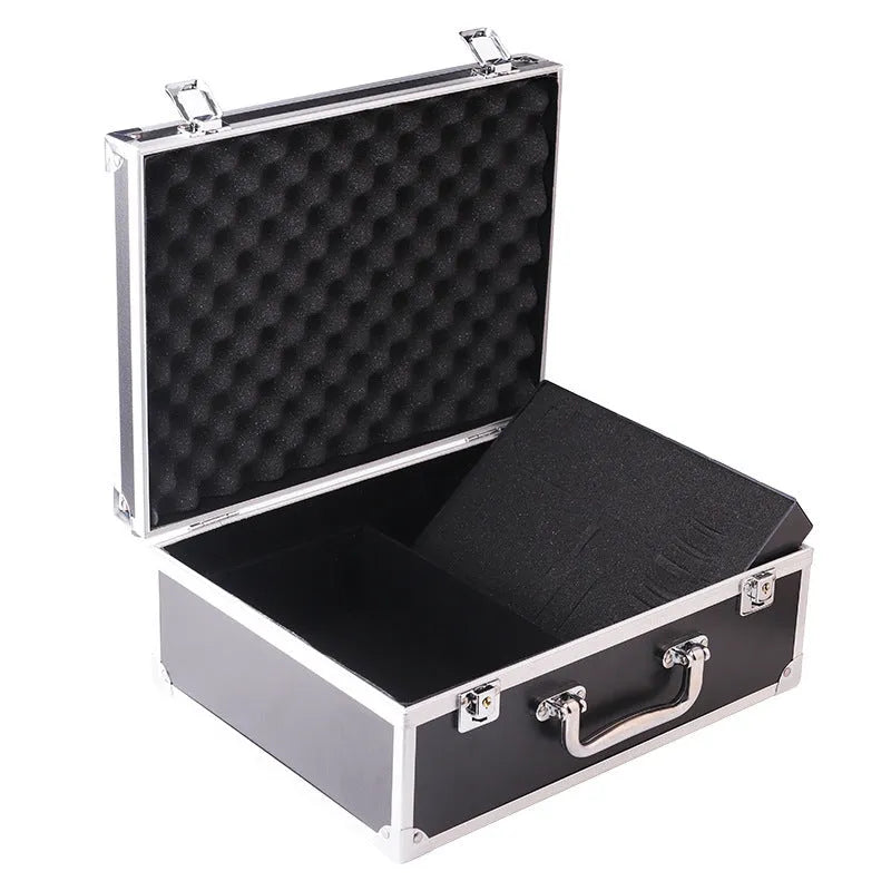 Black aluminium alloy tattoo equipment storage box with secure latch for organising professional tattoo kits.