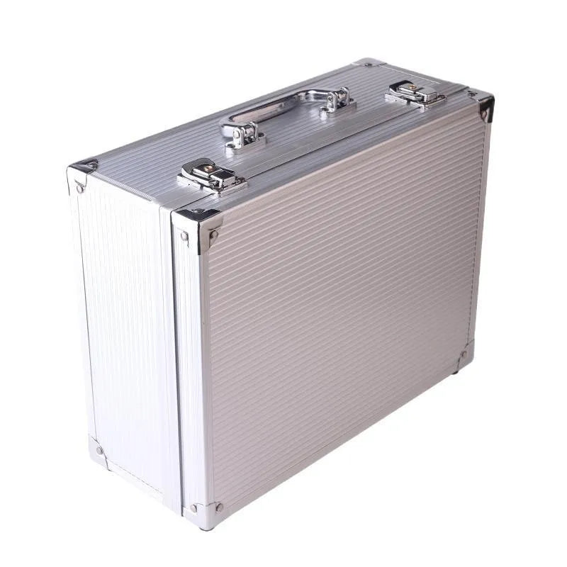 Black aluminium alloy tattoo equipment storage box with secure latch for organising professional tattoo kits.