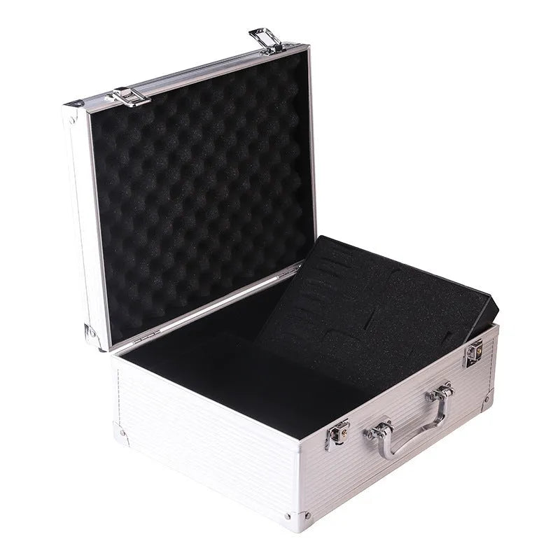 Black aluminium alloy tattoo equipment storage box with secure latch for organising professional tattoo kits.
