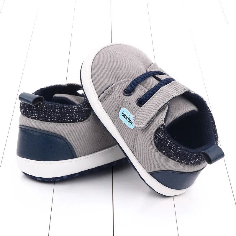 Soft sole cotton Velcro toddler shoes for boys in dark blue, grey and brown, sizes 11cm 12cm 13cm