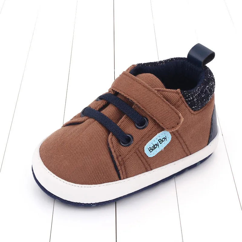 Soft sole cotton Velcro toddler shoes for boys in dark blue, grey and brown, sizes 11cm 12cm 13cm