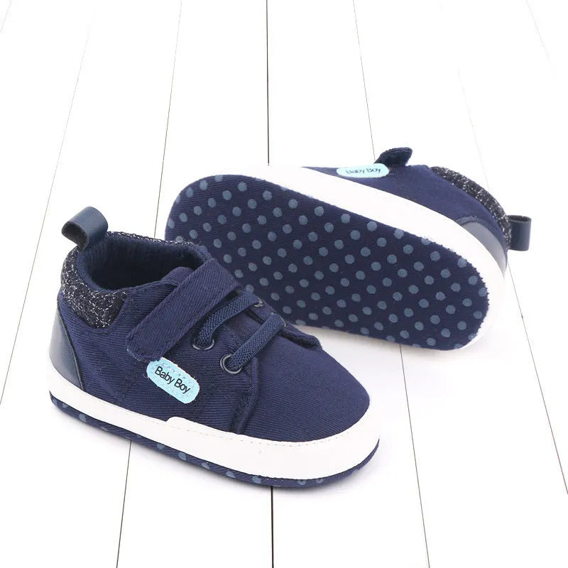 Soft sole cotton Velcro toddler shoes for boys in dark blue, grey and brown, sizes 11cm 12cm 13cm