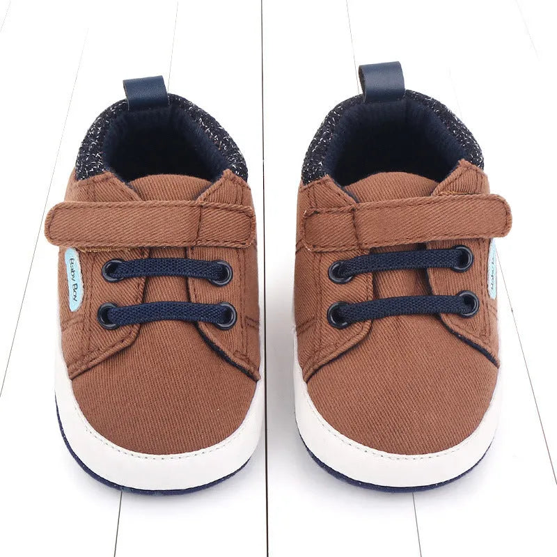 Soft sole cotton Velcro toddler shoes for boys in dark blue, grey and brown, sizes 11cm 12cm 13cm