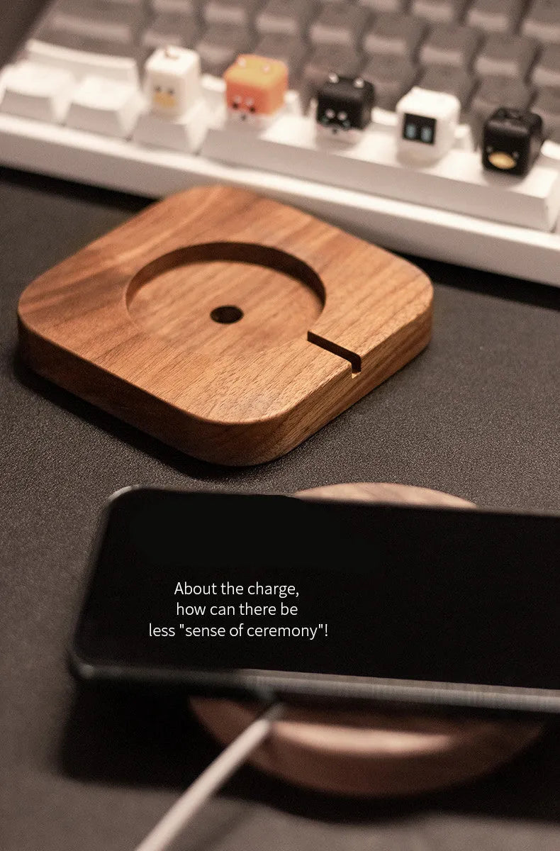 Solid walnut wood magnetic wireless charger bracket base with 15W fast charging, shown in round and square sections on a desk