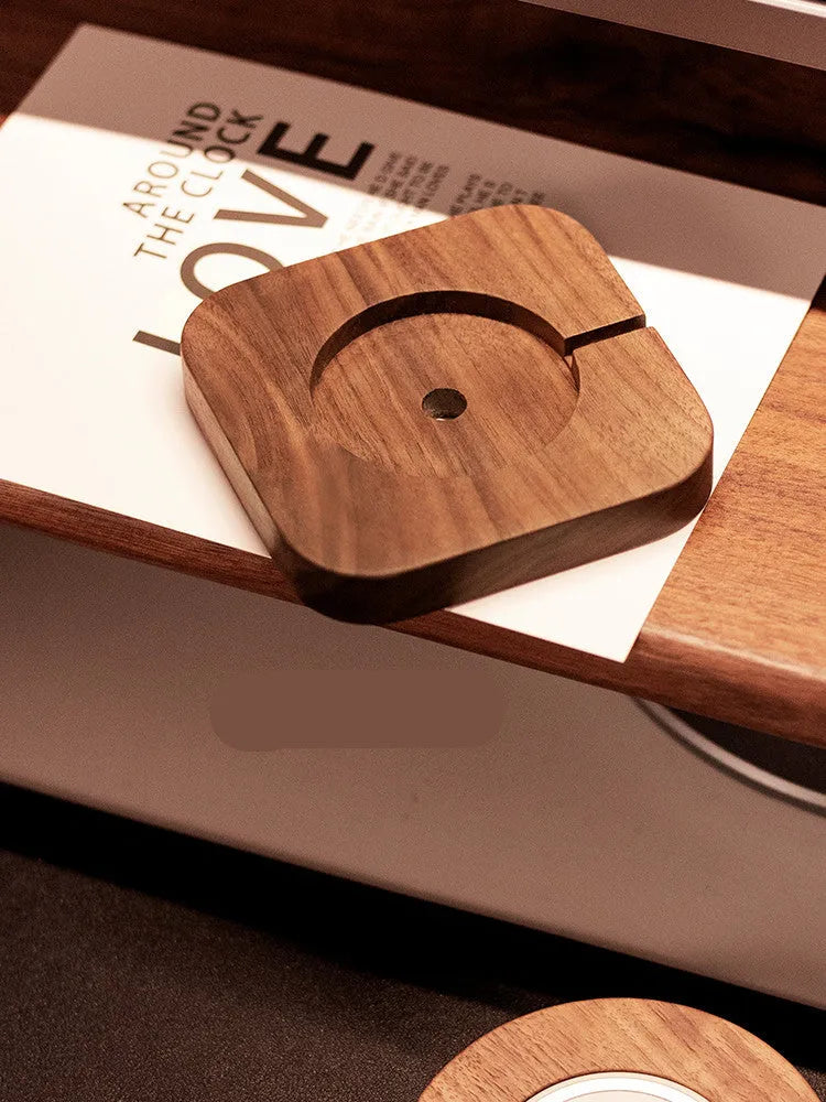 Solid walnut wood magnetic wireless charger bracket base with 15W fast charging, shown in round and square sections on a desk