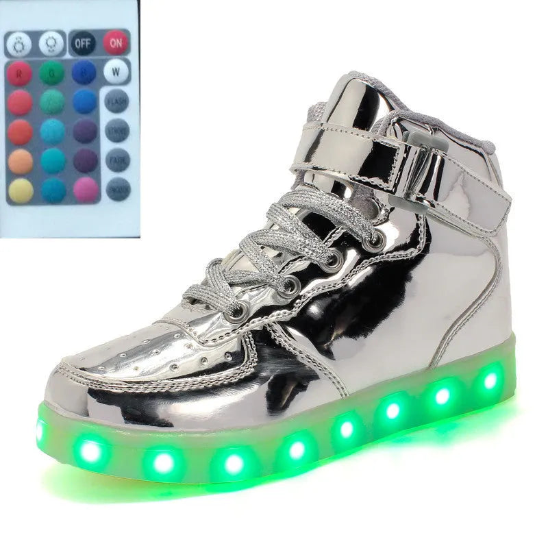 High-top LED shoes with remote control, rubber sole, mesh lining, available in black gold red silver white
