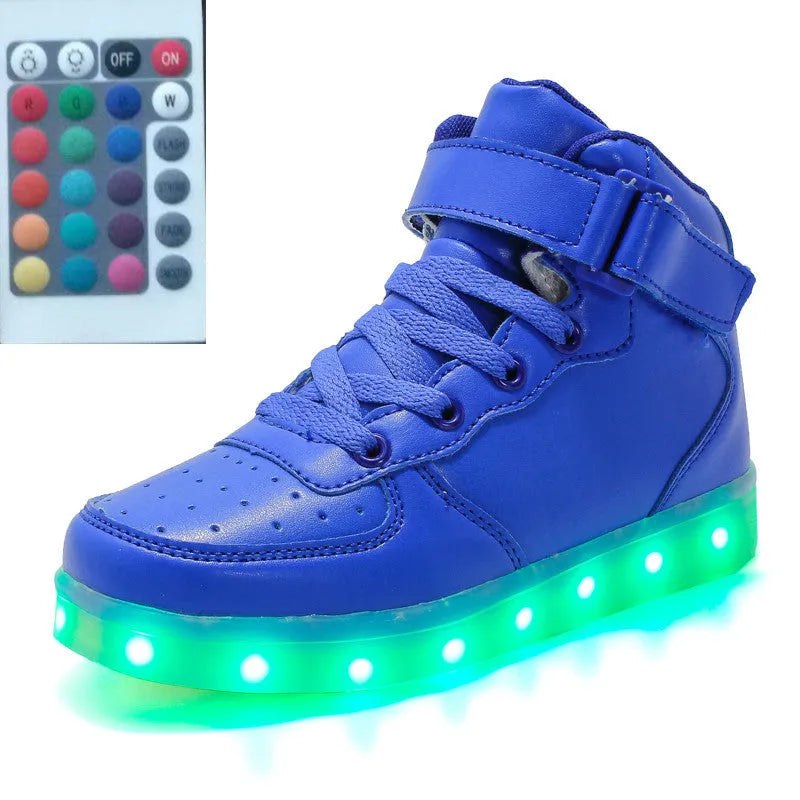 High-top LED shoes with remote control, rubber sole, mesh lining, available in black gold red silver white