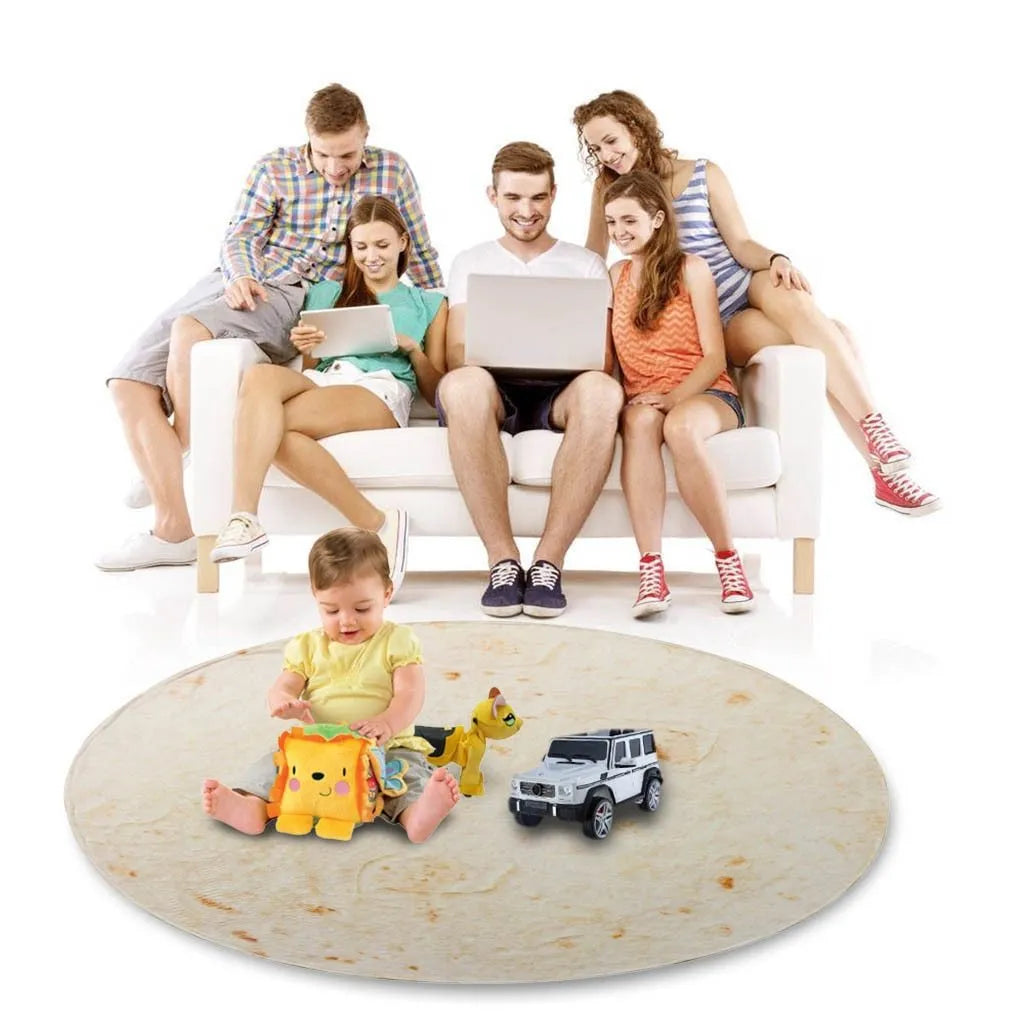 Flannel burrito blanket with food-themed print, showing soft microfiber fleece texture and round or rectangular shape options