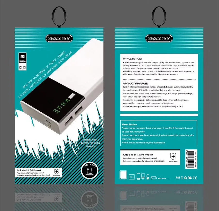 Black Rice 20000mAh portable power bank with plastic casing and included charging cable.