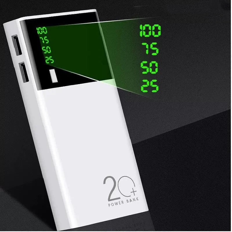 Black Rice 20000mAh portable power bank with plastic casing and included charging cable.