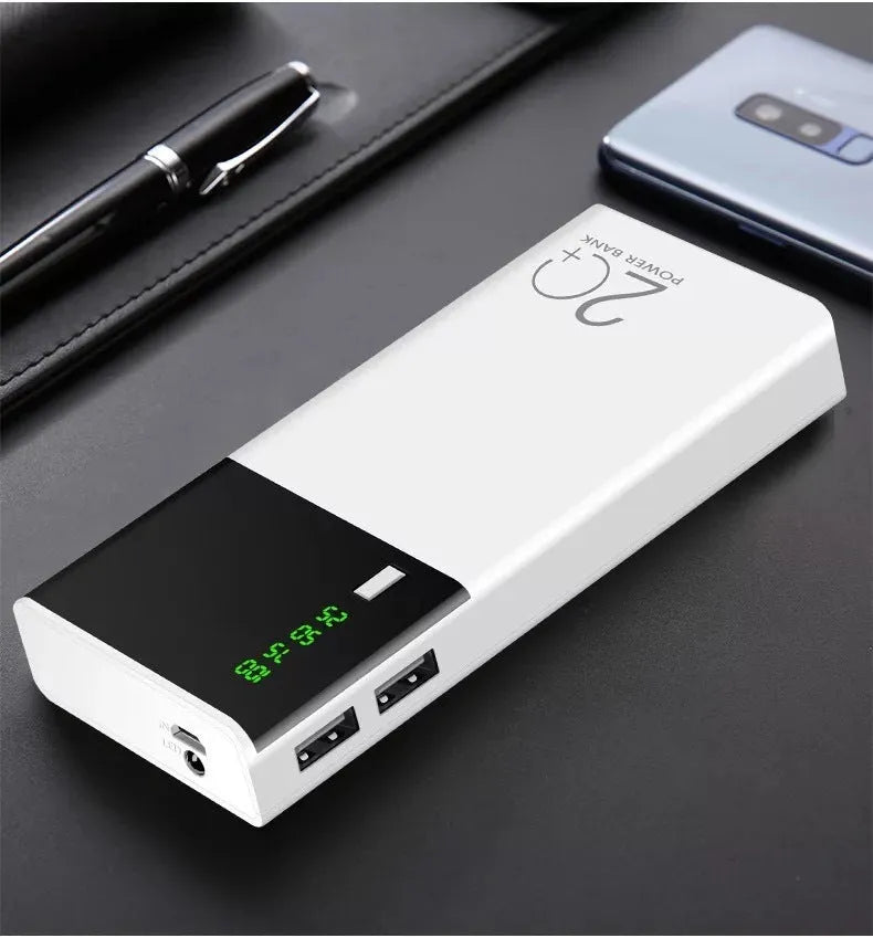 Black Rice 20000mAh portable power bank with plastic casing and included charging cable.