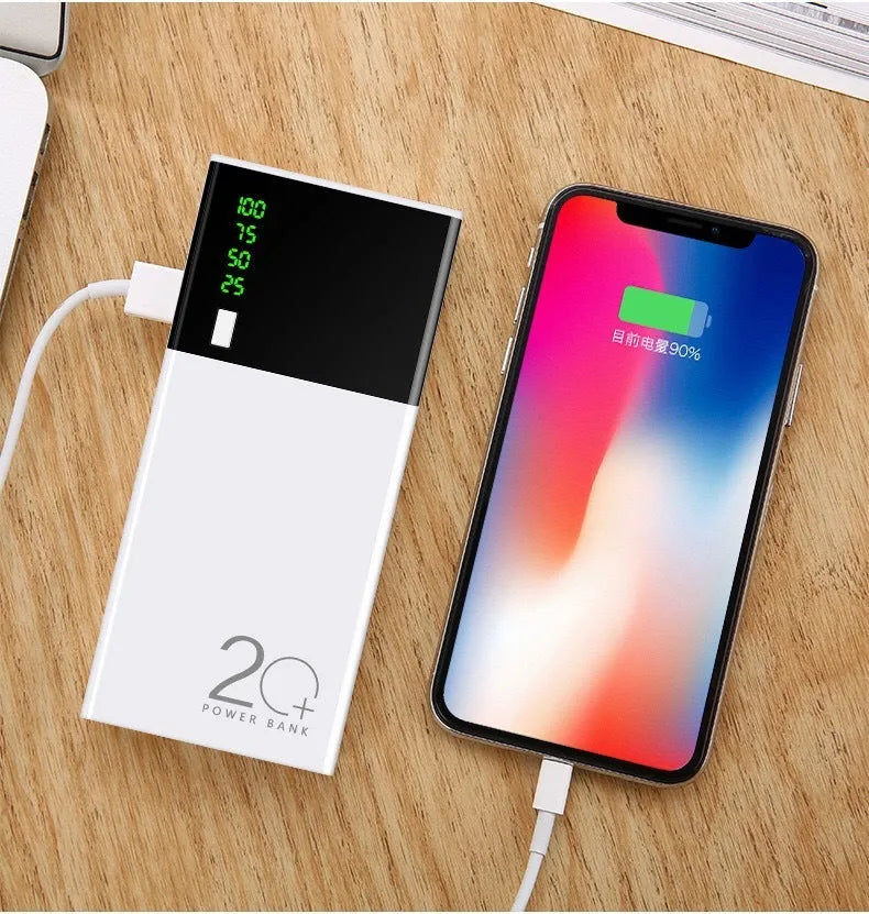 Black Rice 20000mAh portable power bank with plastic casing and included charging cable.