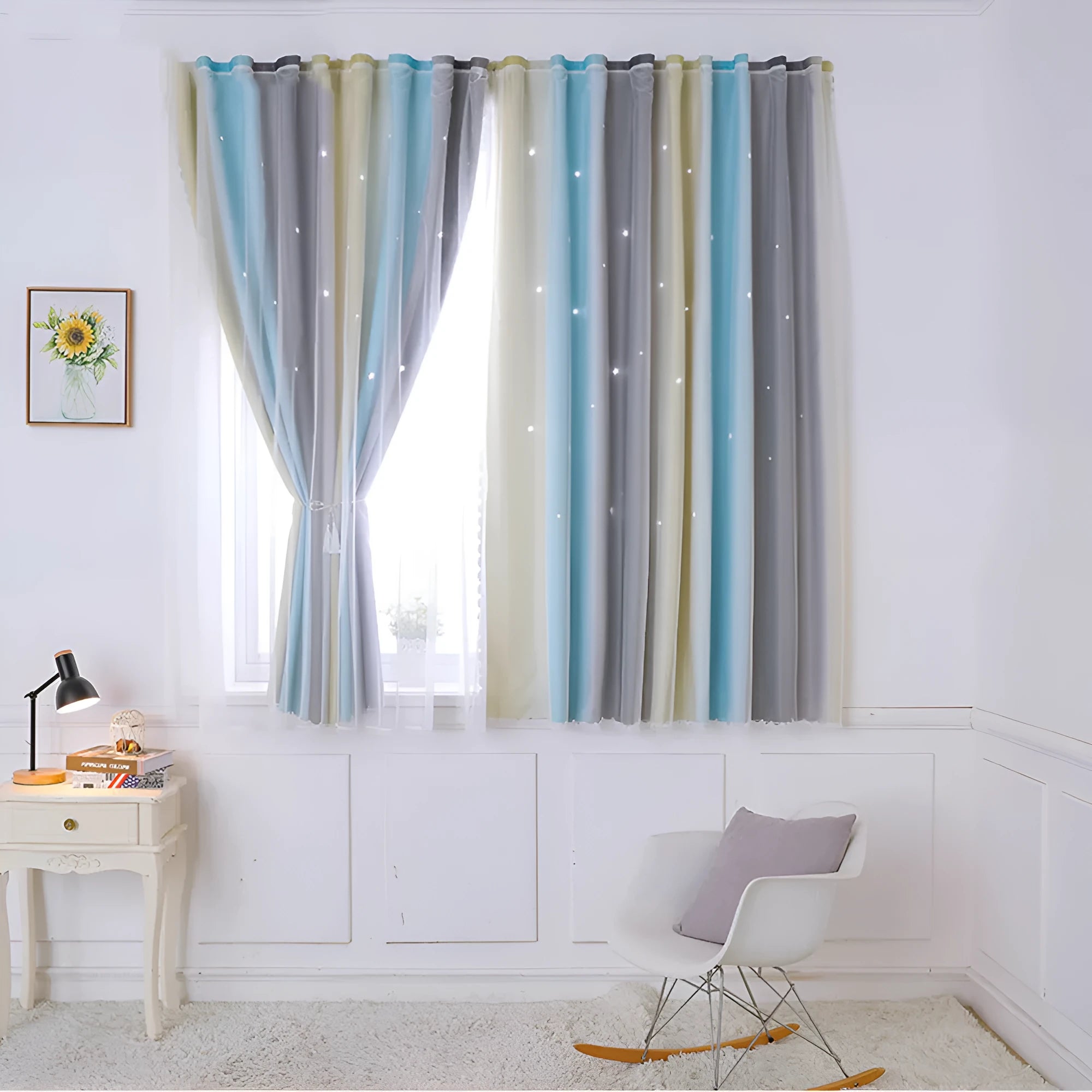 Rainbow gradient thermal blackout curtains with star-shaped cuts blocking 85-99% of sunlight