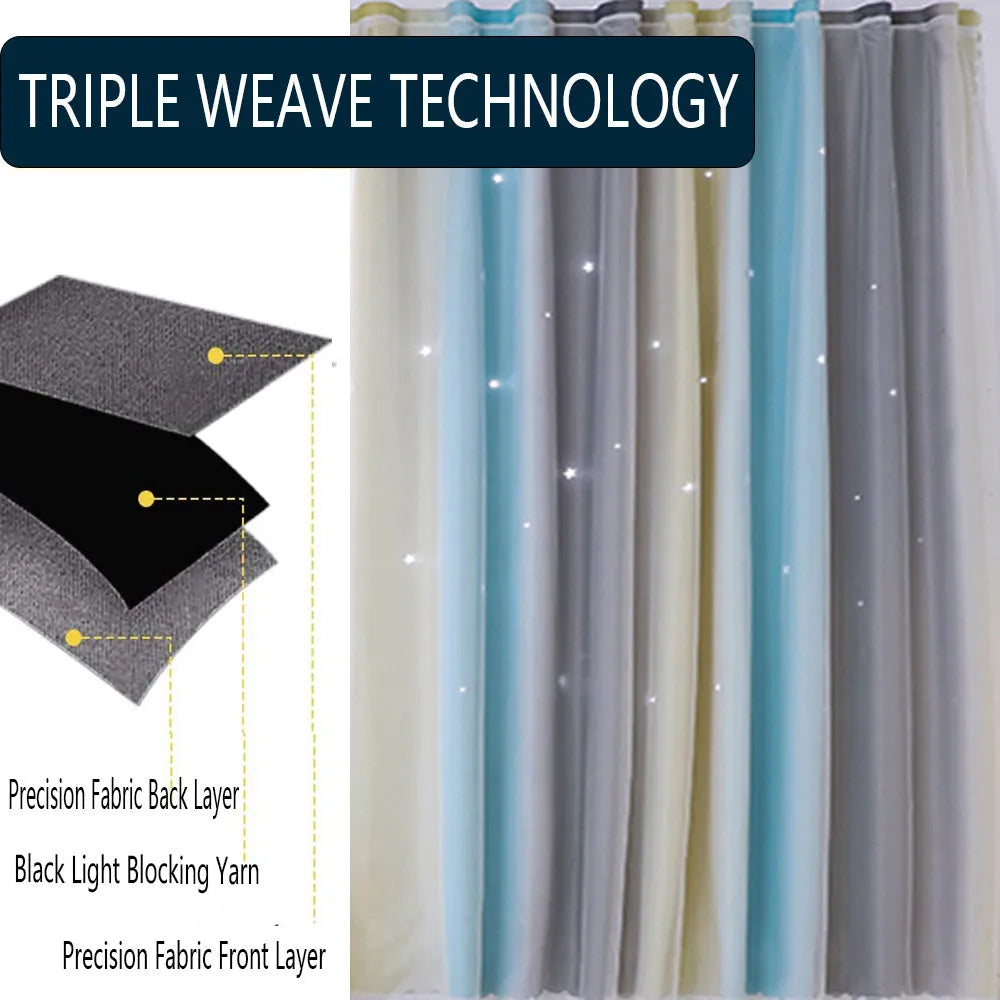 Rainbow gradient thermal blackout curtains with star-shaped cuts blocking 85-99% of sunlight
