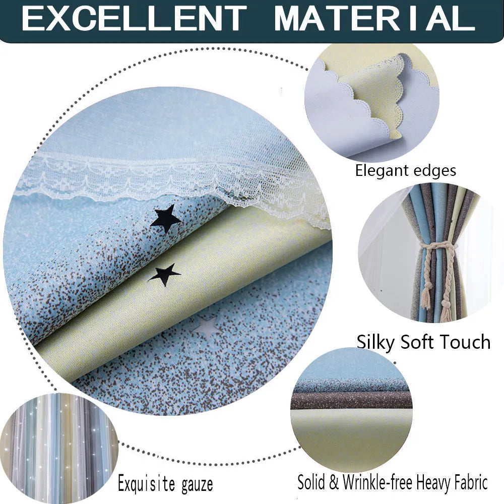 Rainbow gradient thermal blackout curtains with star-shaped cuts blocking 85-99% of sunlight