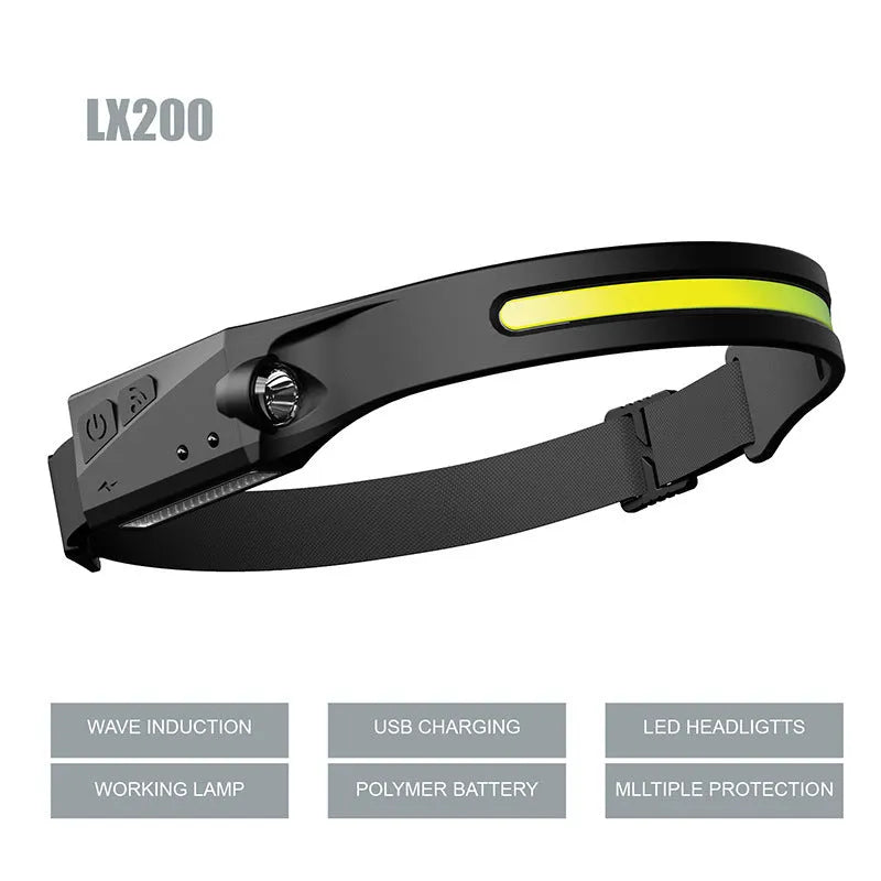 Black silicone induction charging running light with strap, showing compact size and touch-sensitive switch.