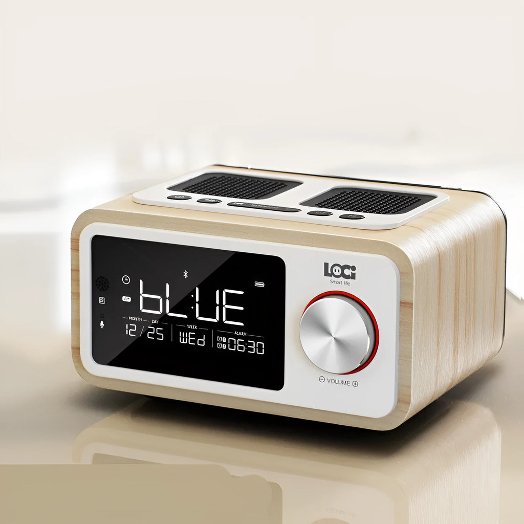 Wood Bluetooth speaker alarm clock radio in golden oil colour with dual speakers
