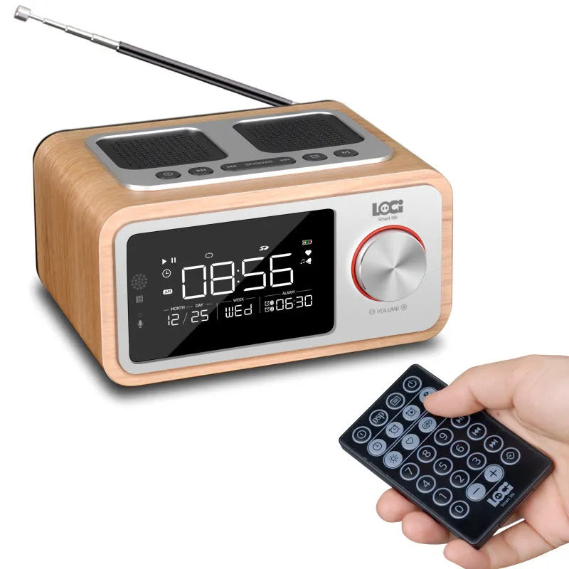 Wood Bluetooth speaker alarm clock radio in golden oil colour with dual speakers