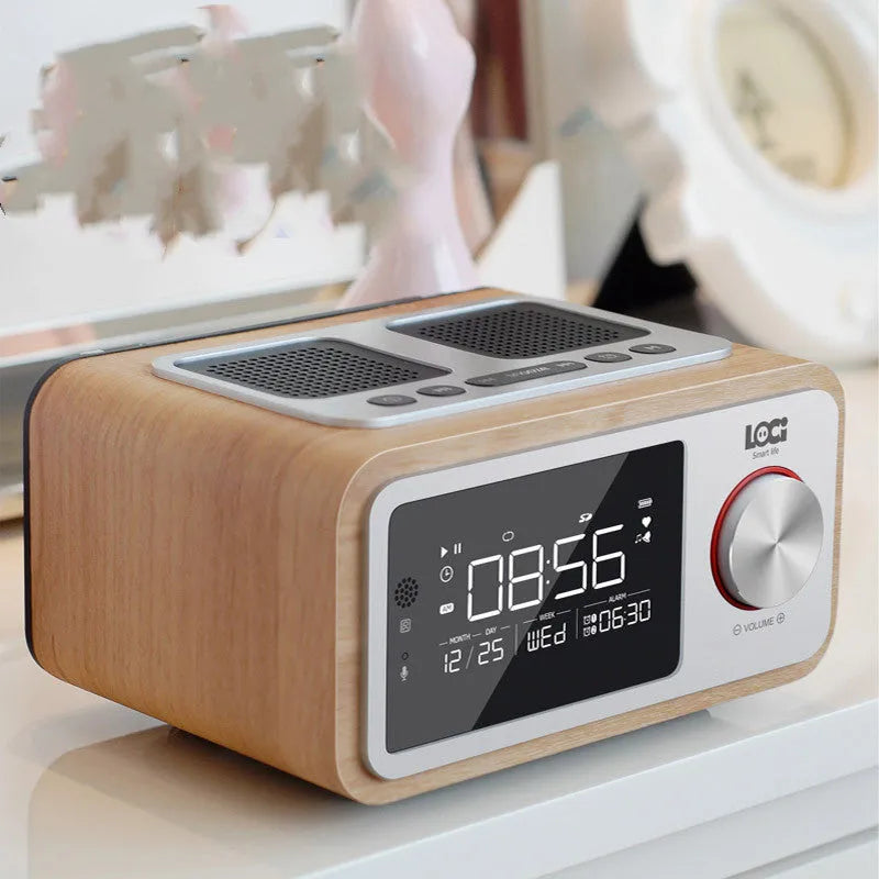 Wood Bluetooth speaker alarm clock radio in golden oil colour with dual speakers