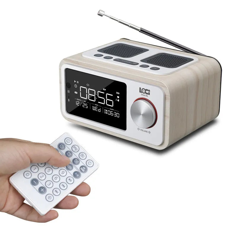 Wood Bluetooth speaker alarm clock radio in golden oil colour with dual speakers