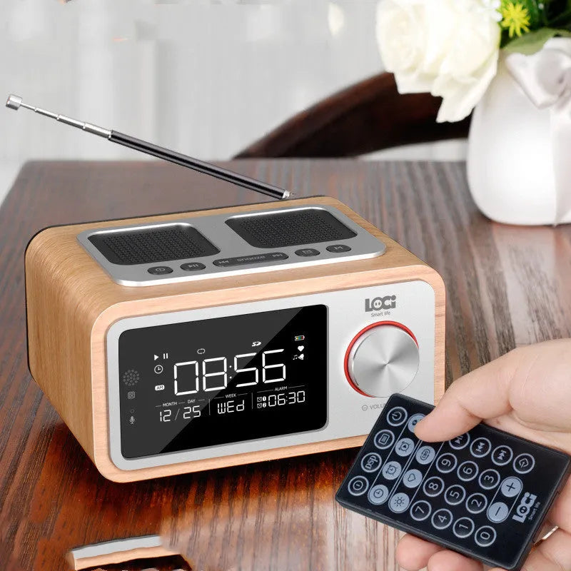 Wood Bluetooth speaker alarm clock radio in golden oil colour with dual speakers