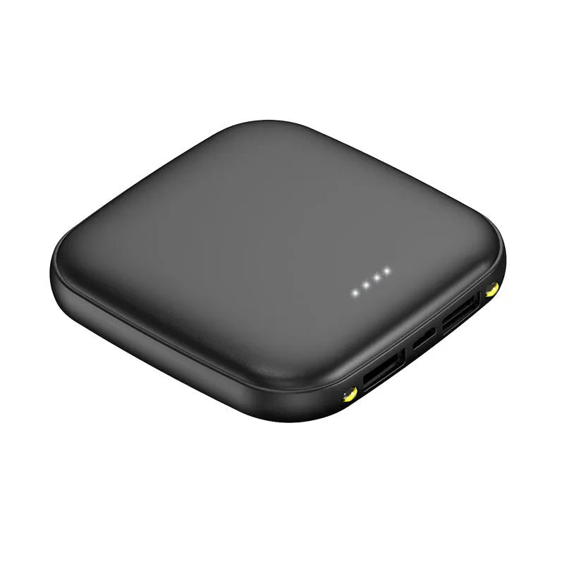 Compact black power bank with LED flashlight showing 82mm dimensions and 20000mAh capacity