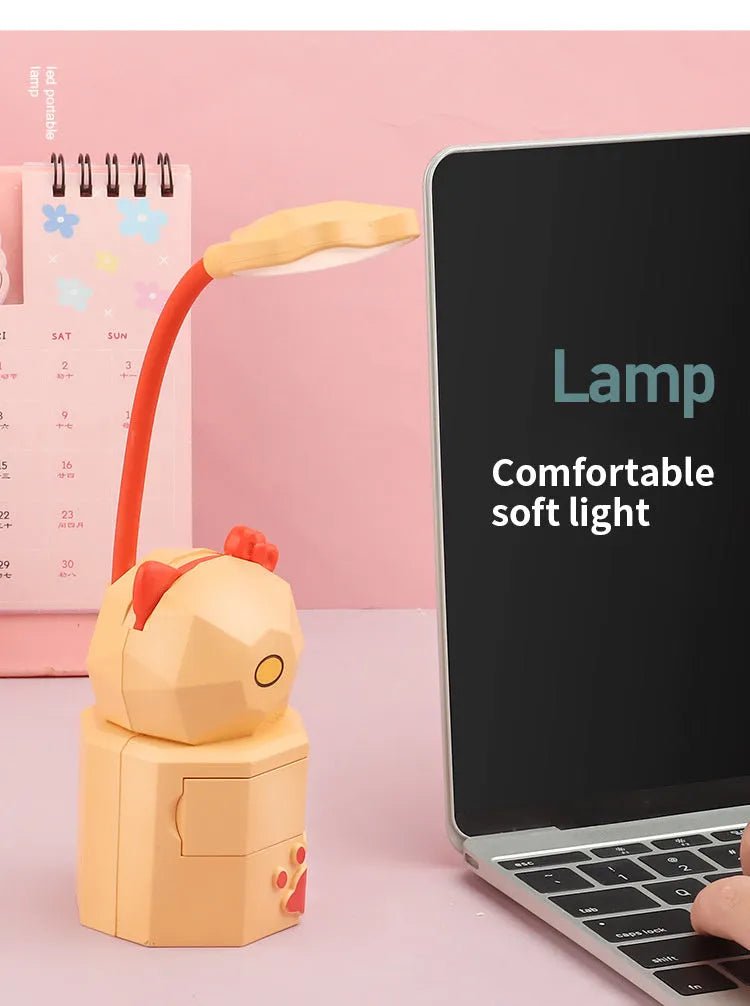 Cute animal USB LED desk lamp with phone holder and storage, ABS shade, 6x6x25.5cm, toggle switch
