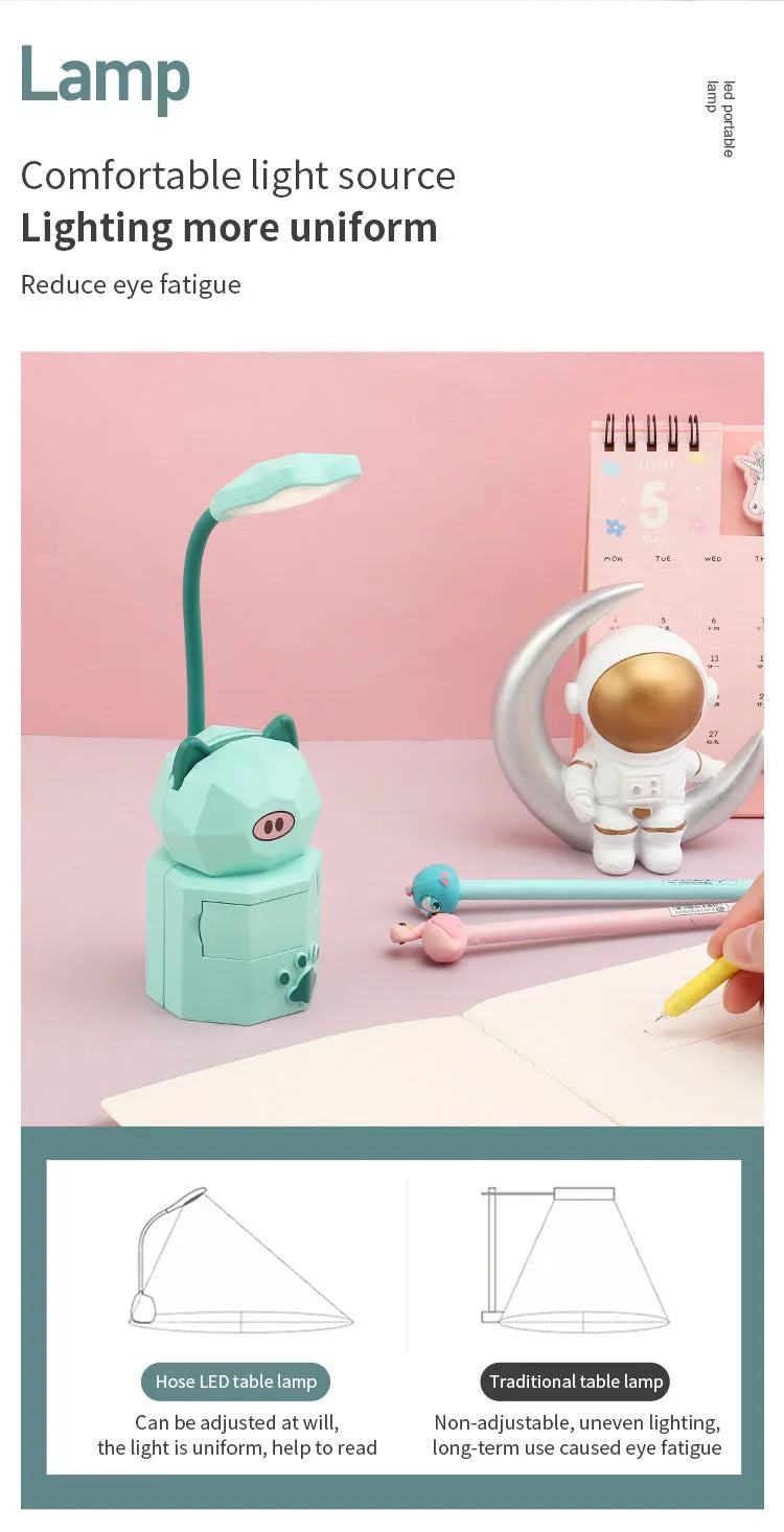 Cute animal USB LED desk lamp with phone holder and storage, ABS shade, 6x6x25.5cm, toggle switch