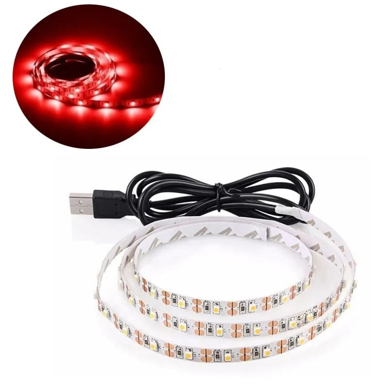 Close-up of a flexible white USB LED light strip with SMD5050 chips and a USB plug.