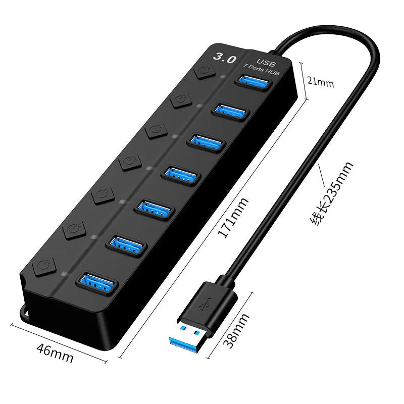 Black 7-port USB 3.0 hub with external power adapter on desk