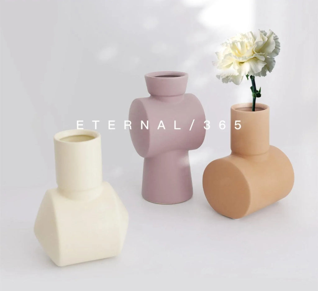 Nordic Morandi ceramic vase with colour glaze finish in beige colour option, 25cm height
