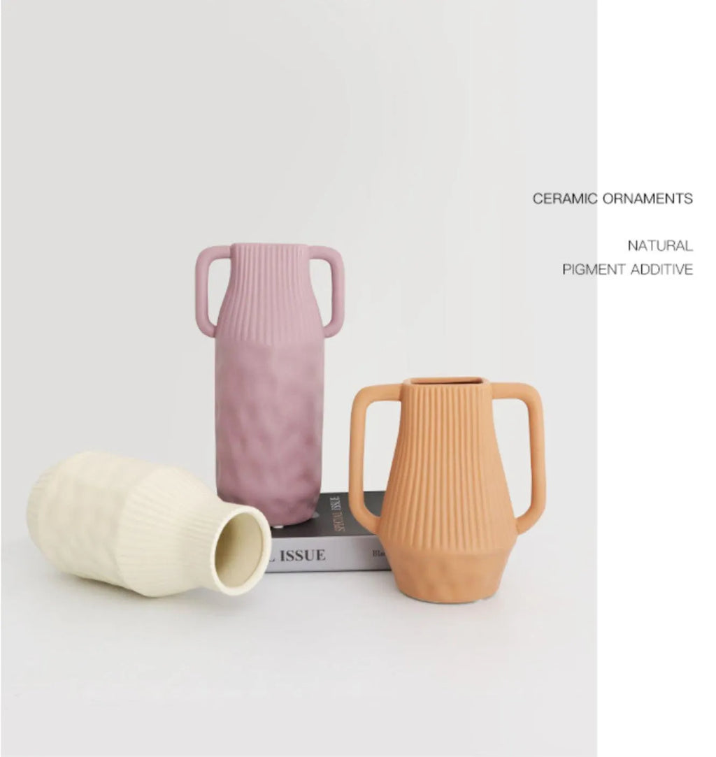 Nordic Morandi ceramic vase with colour glaze finish in beige colour option, 25cm height