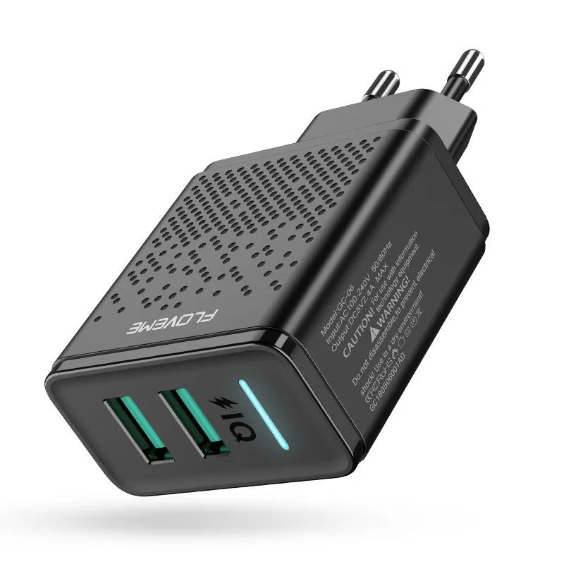 Fromi dual port USB charger with EU plug measuring 6.5cm wide, available in black or white