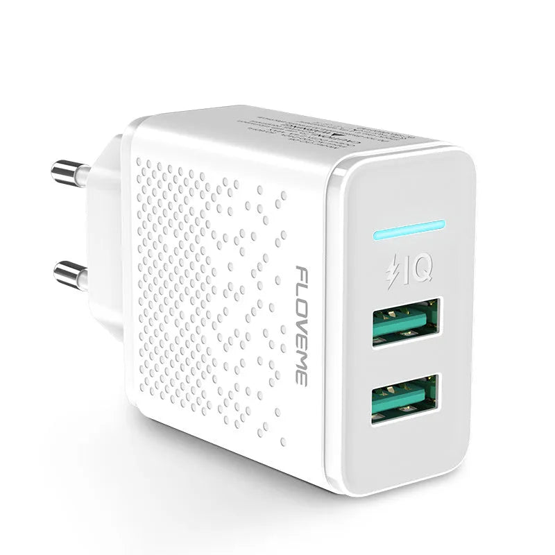 Fromi dual port USB charger with EU plug measuring 6.5cm wide, available in black or white