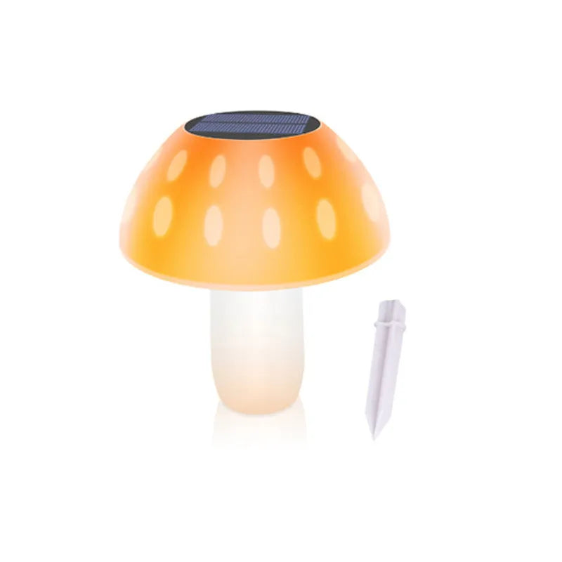 Solar-powered mushroom-shaped garden light with ground spike for lawn or border insertion.