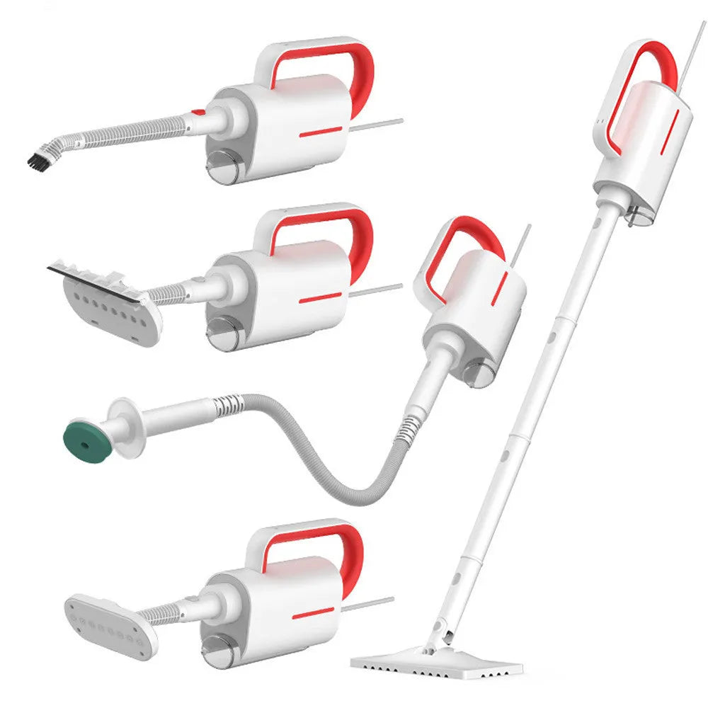 White Deerma DEM-ZQ610 steam cleaner main unit with brush heads and attachments on a table.