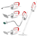 White Deerma DEM-ZQ610 steam cleaner main unit with brush heads and attachments on a table.