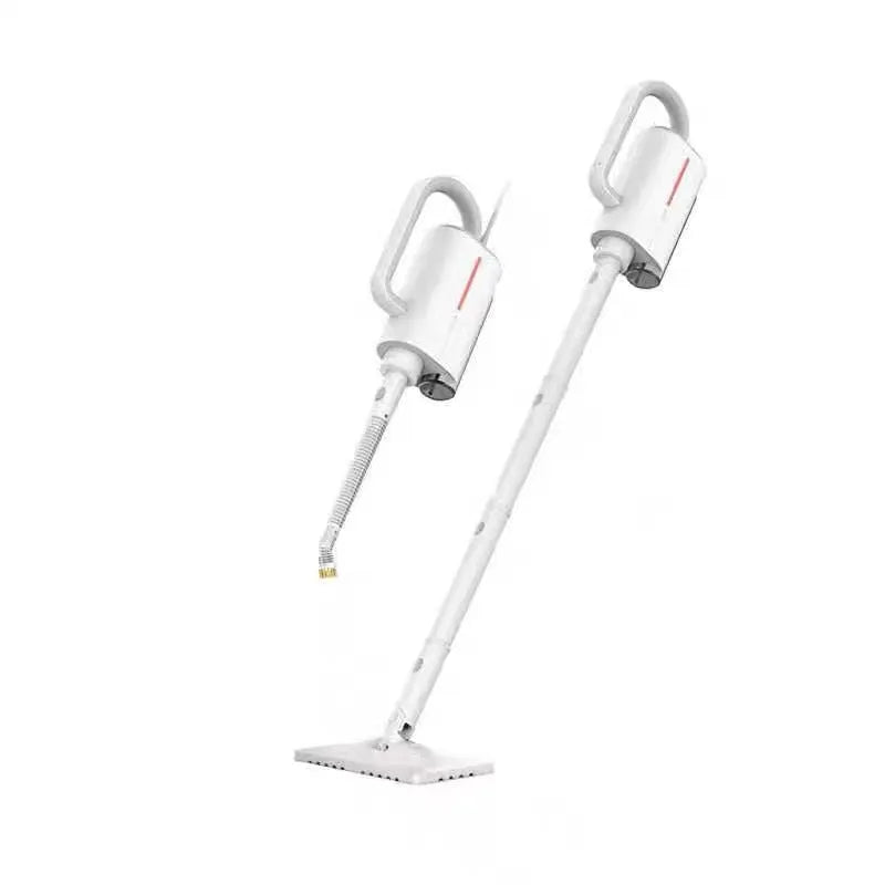 White Deerma DEM-ZQ610 steam cleaner main unit with brush heads and attachments on a table.